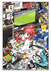 Rule 34 | absurdres, androgynous, arsenal fc, ball, barclays premier league, black eyes, book, brazuca, chelsea fc, computer, controller, cup, fc internazionale milano, field, from above, game console, game controller, gender request, grass, highres, indoors, lanyard, laptop, looking back, macbook, male focus, manchester united, mouse (computer), mousepad (object), mug, original, oversized clothes, portuguese text, poster (object), real madrid, red hair, remote control, shoes, sitting, soccer, soccer ball, soccer uniform, solo, sportswear, stadium, television, xbox, xbox one, yu yanshu