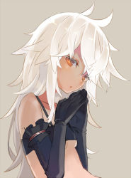 Rule 34 | 1girl, ahoge, bare shoulders, black gloves, blush, breasts, brown eyes, colored eyelashes, elbow gloves, gloves, long hair, looking at viewer, mazonano, messy hair, nekomegane, open mouth, original, silver hair, simple background, small breasts, solo, underboob, colored eyelashes