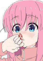 Rule 34 | 1girl, blood, blue eyes, blush, bocchi the rock!, doublep0ints, gotoh hitori, highres, jacket, nosebleed, pink hair, pink jacket, portrait, solo, wiping blood