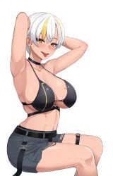 Rule 34 | 1girl, :d, absurdres, armpits, arms behind head, belt, bikini, black bikini, blonde hair, blush, breasts, buckle, choker, highres, kuon bb, large breasts, looking at viewer, luvdia, multicolored hair, navel, open mouth, park dona, piercing, shorts, simple background, sitting, smile, snap-fit buckle, solo, streaked hair, swimsuit, teeth, thigh strap, tongue, tongue out, tongue piercing, two-tone hair, virtual youtuber, white background, white hair