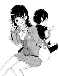 Rule 34 | 1boy, 1girl, :d, @ @, bag, blazer, blunt bangs, blush, boku no kokoro no yabai yatsu, breasts, cardigan, collared shirt, commentary request, dress shirt, eating, food, greyscale, happy, highres, holding, holding bag, holding food, holding snack, ichikawa kyoutarou, jacket, lapels, large breasts, long hair, looking at another, miniskirt, monochrome, nervous sweating, open mouth, plastic bag, pleated skirt, school uniform, shirt, short hair, sitting, skirt, smile, snack, sweat, teeth, tsutsui taishi, upper teeth only, wavy mouth, white background, yamada anna
