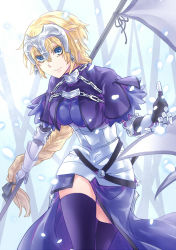 Rule 34 | 1girl, armor, armored dress, black bow, black thighhighs, blonde hair, blue eyes, bow, braid, breasts, capelet, chain, closed mouth, cowboy shot, fate/apocrypha, fate (series), faulds, flag, gauntlets, hair bow, headpiece, highres, jeanne d&#039;arc (fate), jeanne d&#039;arc (ruler) (fate), long hair, looking at viewer, low-tied long hair, medium breasts, single braid, smile, solo, thighhighs, very long hair, yuu+1