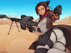 Rule 34 | ass, blue eyes, blue sky, blush, breasts, brown hair, closed mouth, coat, commission, day, desert, elf, fingerless gloves, gloves, gun, handgun, headset, holding, holding gun, holding weapon, holster, knee pads, long coat, long hair, looking back, lying, medium breasts, on side, open clothes, open coat, original, pointy ears, rifle, scarf, sky, sniper rifle, solo, thigh holster, trigger discipline, twitter username, unsomnus, weapon
