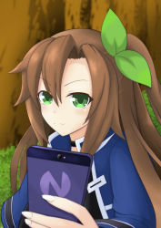 Rule 34 | 1girl, ama (ama zumi3), bow, brown hair, camera phone, cellphone, green eyes, hair bow, hair ornament, highres, holding, holding phone, if (neptunia), long hair, looking at viewer, neptune (series), phone, ribbon, selfie, smartphone, smile, solo