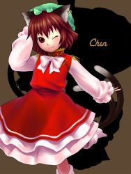 Rule 34 | 1girl, animal ears, blouse, bow, bowtie, brown eyes, brown hair, cat ears, cat girl, cat tail, chen, earrings, female focus, hand in own hair, hat, highres, jewelry, kageharu, looking at viewer, multiple tails, one eye closed, shirt, skirt, skirt set, smile, solo, standing, tail, touhou, wink