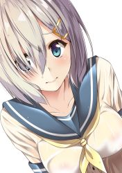 Rule 34 | 1girl, blue eyes, blue sailor collar, breasts, closed mouth, covered erect nipples, hair between eyes, hair ornament, hair over one eye, hairclip, hamakaze (kancolle), highres, kantai collection, looking at viewer, medium breasts, mimamui, neckerchief, sailor collar, school uniform, see-through, see-through shirt, serafuku, shirt, short hair, silver hair, simple background, solo, upper body, wet, wet clothes, white background, white shirt, yellow neckerchief