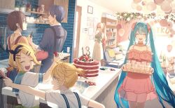 Rule 34 | 2boys, 4girls, apron, aqua hair, arm up, balloon, bare shoulders, birthday cake, black hairband, blonde hair, blue eyes, blue hair, blue sailor collar, blue shirt, blush, bookshelf, bow, braid, brown hair, cake, character name, closed eyes, collarbone, commentary request, cooking, cowboy shot, cup, curtains, dangle earrings, dress, earrings, eyelashes, food, frilled dress, frills, from behind, fruit, green apron, green shirt, hair bow, hairband, hand up, hatsune miku, holding, holding spatula, holding tray, indoors, jewelry, kagamine len, kagamine rin, kaito (vocaloid), kitchen, long hair, long sleeves, looking at another, megurine luka, meiko (vocaloid), mrym09yutaka, multiple boys, multiple girls, necklace, off-shoulder dress, off shoulder, open mouth, parted bangs, picture frame, pink bow, pink dress, plant, ponytail, potted plant, red apron, sailor collar, see-through, see-through dress, shadow, shirt, short hair, short ponytail, sidelocks, skirt, spatula, standing, strawberry, stuffed animal, stuffed toy, teddy bear, tray, twintails, upper body, very long hair, vocaloid, white shirt, white skirt