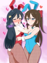 Rule 34 | !, 2girls, :o, :p, absurdres, aqua bow, aqua eyes, aqua leotard, artist name, artist request, bare shoulders, blue eyes, blue hair, blush, bow, bowtie, breasts, brown hair, brown pantyhose, cleavage, collarbone, dark blue hair, female focus, flower, grey eyes, hair between eyes, hair bow, hair flower, hair ornament, half-closed eyes, half updo, heart, high ponytail, highres, leotard, long hair, looking at viewer, love live!, love live! nijigasaki high school idol club, medium breasts, multiple girls, nail, nail polish, nose blush, osaka shizuku, pantyhose, parted lips, pink background, pink nails, playboy bunny, ponytail, rabbit ears, rabbit tail, red bow, red leotard, side ponytail, smile, tongue, tongue out, white wrist cuffs, wing collar, wrist cuffs, yellow flower, yuki setsuna (love live!)