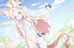 Rule 34 | 1girl, absurdres, adapted costume, animal, animal ear fluff, animal ears, bird, blonde hair, blue archive, breasts, cowboy shot, day, dutch angle, fingernails, fox ears, fox tail, groin, halo, highres, jewelry, long hair, looking at viewer, mixiguo 1205, navel, open mouth, outdoors, ring, seia (blue archive), signature, small breasts, smile, solo, striped clothes, striped thighhighs, tail, thighhighs, vertical-striped clothes, vertical-striped thighhighs, white bird, white thighhighs, yellow eyes, yellow halo