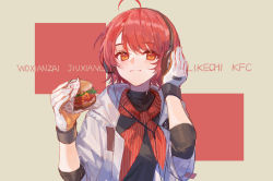 Rule 34 | 1girl, ahoge, arknights, black shirt, blush, burger, chinese commentary, ciloranko, closed mouth, commentary request, exusiai (arknights), exusiai (city rider) (arknights), food, gloves, grey background, hands up, headphones, highres, holding, holding food, jacket, kfc, looking at viewer, neckerchief, official alternate costume, open clothes, open jacket, product placement, red background, red eyes, red hair, red neckerchief, shirt, short hair, simple background, smile, solo, striped neckerchief, striped neckwear, turtleneck, two-tone background, upper body, vertical-striped neckwear, white gloves, white jacket