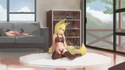 Rule 34 | 2girls, :p, animal ears, arm support, balcony, bare arms, bare shoulders, barefoot, black bra, black legwear, black panties, black skirt, blonde hair, blue sky, bra, breasts, cat lingerie, cat tail, closed mouth, cloud, cloudy sky, couch, day, figure, fox ears, fox girl, fox tail, green eyes, highres, house, indoors, long hair, looking at viewer, lying, medium breasts, meme attire, multiple girls, no shoes, on couch, on side, original, out of frame, paintrfiend, panties, pleated skirt, rug, seductive smile, shelf, sitting, skirt, sky, sliding doors, smile, tail, thighhighs, tongue, tongue out, toy airplane, underwear, underwear only, very long hair