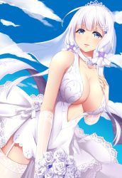 Rule 34 | 1girl, ako suke, azur lane, bare shoulders, blue eyes, blue sky, blunt bangs, blush, bouquet, breasts, bridal gauntlets, bridal veil, center opening, choker, cleavage, cloud, collarbone, commentary request, cowboy shot, day, dress, dutch angle, flower, garter straps, hand on own chest, highres, holding, holding bouquet, illustrious (azur lane), illustrious (morning star of love and hope) (azur lane), jewelry, large breasts, looking at viewer, low twintails, mole, mole under eye, outdoors, ring, rose, silver hair, sky, sleeveless, sleeveless dress, solo, tareme, thighhighs, tiara, twintails, veil, wedding band, wedding dress, white dress, white flower, white rose, white thighhighs, zettai ryouiki