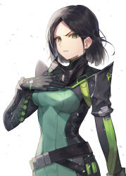 Rule 34 | 1girl, absurdres, animification, black gloves, black hair, breasts, closed mouth, gloves, green eyes, highres, looking at viewer, medium breasts, parted bangs, short hair, solo, standing, taht (that is mm), v-shaped eyebrows, valorant, viper (valorant), white background