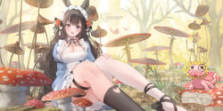 Rule 34 | 1girl, absurdres, ana (vtuber), animal ears, asymmetrical legwear, black socks, blue dress, blurry, blurry foreground, blush, breasts, brown eyes, brown hair, bug, butterfly, cleavage, clothing cutout, commission, depth of field, dress, flower, hair flower, hair ornament, hair ribbon, hand on own knee, heart cutout, highres, indie virtual youtuber, insect, long hair, long sleeves, looking at viewer, maid headdress, medium breasts, mole, mole on breast, mushroom, outdoors, patch oxxo, red flower, red rose, ribbon, rose, round teeth, sitting, socks, solo, teeth, thigh strap, thighhighs, upper teeth only, very long hair, virtual youtuber, white thighhighs