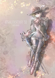 Rule 34 | 1girl, 2022, adventurer (ff11), artist name, ascot, black gloves, black thighhighs, blonde hair, closed mouth, copyright name, dated, drop shadow, final fantasy, final fantasy xi, full body, gloves, hat, hat feather, highres, holding, holding sword, holding weapon, hume, piyoco, red ascot, red eyes, red footwear, red mage (final fantasy), shield, short hair, solo, sword, thighhighs, weapon
