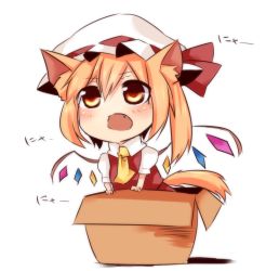 Rule 34 | 1girl, animal ears, ascot, blonde hair, blush, box, cardboard box, cat ears, cat girl, cat tail, chibi, fang, female focus, flandre scarlet, for adoption, hat, hat ribbon, in box, in container, kemonomimi mode, open mouth, red eyes, ribbon, shirt, short hair, side ponytail, simple background, skirt, skirt set, solo, tail, tosura-ayato, touhou, translated, wings
