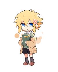 Rule 34 | 1boy, bad id, bad twitter id, basil (faraway) (omori), basil (omori), black shorts, black socks, blonde hair, blue eyes, book, brown footwear, chibi, collared shirt, flower, full body, green sweater vest, hair flower, hair ornament, highres, holding, holding book, long sleeves, looking at viewer, omori, parted lips, shirt, short hair, shorts, simple background, slippers, socks, solo, sweater vest, wed (lim38869577), white background, white shirt