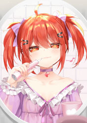 Rule 34 | 1girl, ahoge, bare shoulders, blush, bow, choker, closed mouth, collarbone, commentary request, cup, dress, eighth note, frilled dress, frills, hair between eyes, hair bow, hair ornament, hairclip, half-closed eyes, hand up, heart, heart choker, highres, holding, long sleeves, looking at viewer, mug, musical note, mvv, off shoulder, original, pink dress, puffy long sleeves, puffy sleeves, purple bow, purple choker, red eyes, red hair, smile, solo, star-shaped pupils, star (symbol), symbol-shaped pupils, tile wall, tiles, twintails, vivian (mvv)