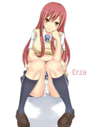 Rule 34 | 1girl, breasts, character name, erza scarlet, fairy tail, large breasts, panties, simple background, sitting, solo, underwear, white background, xsorax812