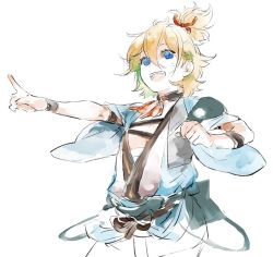 Rule 34 | 10s, 1boy, asakura noi, ask rnocco, blonde hair, blue eyes, clenched hand, hair ribbon, japanese clothes, male focus, open clothes, open mouth, pointing, red ribbon, ribbon, short hair, sketch, solo, topknot, touken ranbu, upper body, urashima kotetsu