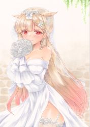 Rule 34 | 1girl, bare shoulders, blonde hair, blush, bouquet, breasts, bride, cleavage, cobblestone, dress, elbow gloves, flower, garter straps, gloves, green eyes, highres, kantai collection, long hair, smile, solo, thighhighs, wedding dress, white dress, white gloves, yuudachi (kancolle), yuudachi kai ni (kancolle), yuuki chima