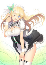 Rule 34 | 1girl, blonde hair, blue eyes, blush, bow, bowtie, breasts, butterfly hair ornament, cleavage, commentary request, dress, elf, feathers, floating hair, frills, garter straps, gradient background, hair ornament, highres, long hair, looking at viewer, maid, maid headdress, medium breasts, one eye closed, open mouth, original, pointy ears, puffy short sleeves, puffy sleeves, ribbon trim, shiny skin, short dress, short sleeves, simple background, smile, solo, thighhighs, thighs, tony taka, very long hair, wrist cuffs