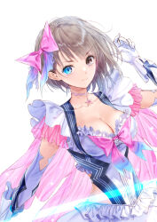Rule 34 | 1girl, absurdres, blue eyes, blue reflection, blue reflection (series), bow, bowtie, breasts, brown hair, choker, cleavage, collarbone, frills, gloves, glowing, glowing weapon, hair bow, heterochromia, highres, kishida mel, looking at viewer, magical girl, medium breasts, shirai hinako, short hair, star (symbol), star choker, weapon, white background, white gloves