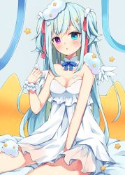 Rule 34 | 1girl, :o, bare shoulders, between legs, blue eyes, blue hair, blush, breasts, cleavage, commentary request, dress, feathered wings, hair between eyes, hand between legs, hand up, heterochromia, long hair, looking at viewer, maki soutoki, medium breasts, mini wings, original, parted lips, purple eyes, solo, star (symbol), strapless, strapless dress, two side up, very long hair, white dress, white wings, wings
