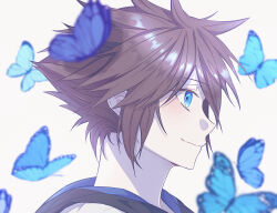 Rule 34 | 1boy, blue butterfly, blue eyes, brown hair, bug, butterfly, butterfly wings, close-up, from side, gongju s2, highres, hood, hood down, hoodie, insect, insect wings, kingdom hearts, looking ahead, short hair, simple background, smile, solo, sora (kingdom hearts), spiked hair, white background, white hoodie, wings