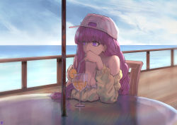 Rule 34 | 1girl, absurdres, asymmetrical hair, bandeau, bare shoulders, baseball cap, bb (fate), bb (fate) (all), bb (swimsuit mooncancer) (fate), bb (swimsuit mooncancer) (first ascension) (fate), blue sky, braid, breasts, cleavage, cup, drinking glass, drinking straw, fate/grand order, fate (series), food, fruit, hat, highres, jacket, large breasts, long hair, long sleeves, looking to the side, midriff, ocean, off shoulder, ootato, orange (fruit), orange slice, purple eyes, purple hair, single braid, sitting, sky, table, very long hair, white headwear, yellow jacket