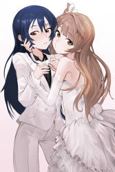 Rule 34 | 10s, 2girls, bad id, bad pixiv id, blue hair, blush, bow, bowtie, brown eyes, brown hair, crossdressing, dress, elbow gloves, female focus, formal, gloves, groom, hair bow, long hair, looking at viewer, love live!, love live! school idol project, minami kotori, modare, multiple girls, o3o, pout, side ponytail, sonoda umi, suit, traditional bowtie, tuxedo, wedding dress, white dress, white gloves, wife and wife, yellow eyes, yuri