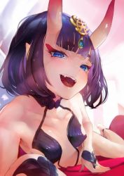 Rule 34 | 1girl, :d, armpit peek, blue eyes, breasts, cleavage, collarbone, commentary, evil grin, evil smile, fangs, fate/grand order, fate (series), grin, hair ornament, head tilt, horns, laughing, looking at viewer, lying, on bed, on side, oni, open mouth, pointy ears, purple hair, short hair, shuten douji (fate), skin-covered horns, small breasts, smile, solo, teeth, thighs, tocope