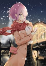 Rule 34 | 1girl, :d, absurdres, alternate costume, aran sweater, bag, black skirt, blurry, blurry background, brown coat, cable knit, cellphone, coat, commentary request, depth of field, earrings, eyes visible through hair, fate/grand order, fate (series), hair over one eye, handbag, hands up, highres, holding, holding phone, jewelry, long sleeves, mash kyrielight, necklace, night, night sky, open clothes, open coat, open mouth, outdoors, phone, pink hair, plaid, plaid skirt, purple eyes, railing, red scarf, scarf, shoulder bag, skirt, sky, smile, snowing, solo, standing, sweater, uzuki tsukuyo, white sweater