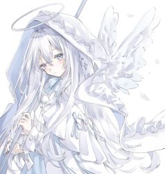 Rule 34 | 1girl, angel wings, artist name, blue bow, blue bowtie, blue dress, blush, bow, bowtie, capelet, commentary, cross hair ornament, dress, feathered wings, frown, grey eyes, grey nails, hair between eyes, hair ornament, halo, highres, holding, leaning forward, long hair, long sleeves, looking at viewer, nail polish, original, simple background, solo, upper body, veil, white background, white capelet, white hair, white theme, wings, yuni 0205