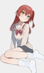 Rule 34 | 1girl, black skirt, blush, bocchi the rock!, bow, bowtie, closed mouth, commentary, dddd akagi, feet out of frame, green eyes, grey background, hair between eyes, highres, kita ikuyo, legs, long hair, long sleeves, looking at viewer, miniskirt, no shoes, one side up, pleated skirt, red bow, red bowtie, red hair, sailor collar, school uniform, shuka high school uniform, simple background, sitting, skirt, smile, smug, socks, solo, white socks, yokozuwari
