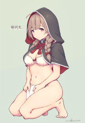 Rule 34 | 1girl, ahoge, barefoot, bra, braid, breasts, brown eyes, brown hair, capelet, character name, cleavage, dated, fundoshi, green background, hair ribbon, highres, hood, hood up, hooded capelet, japanese clothes, kantai collection, kneeling, long hair, medium breasts, nakaaki masashi, ribbon, shinshuu maru (kancolle), simple background, solo, twin braids, twitter username, underwear, white bra