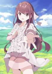 Rule 34 | 1girl, :d, blue sky, bow, braid, brown eyes, brown hair, center frills, cloud, commentary, day, dress, english commentary, field, frills, hair bow, highres, long hair, looking at viewer, open mouth, outdoors, outstretched arm, pink dress, rin (shelter), shelter (song), sky, smile, solo, standing, tantan men (dragon), very long hair, white bow, white dress