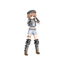 Rule 34 | 1girl, armored boots, armored gloves, bandaged leg, bandages, blanc (neptunia), blue eyes, boots, brown hair, clenched hands, crop top, cropped shirt, cropped vest, dog tags, fighting stance, fingerless gloves, frown, full body, gloves, hair between eyes, hands up, hat, highres, looking at viewer, medium hair, midriff, navel, neptune (series), official art, promotional art, serious, short shorts, shorts, solo, torn clothes, torn shorts, vest