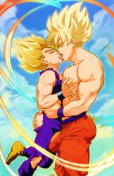 Rule 34 | 2boys, absurdres, artist name, bara, blue hair, blue sky, brown footwear, bulging penis, closed eyes, cloud, dragon ball, facing another, father and son, french kiss, full body, grabbing, hair up, highres, idoraad, incest, kiss, long hair, male focus, multiple boys, muscular, muscular male, orange pants, pants, pectoral grab, pectorals, purple pants, purple tank top, saiyan, size difference, sky, son gohan, son goku, super saiyan, tank top, topless male, yaoi