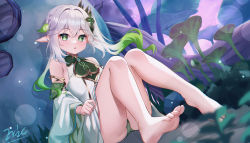 Rule 34 | 1girl, :o, armlet, bare legs, bare shoulders, barefoot, blurry, blurry foreground, blush, braid, commentary request, cross-shaped pupils, detached sleeves, dot nose, dress, dutch angle, eric (tianqijiang), feet, floating hair, full body, genshin impact, gradient hair, green eyes, green hair, green panties, hair ornament, highres, leaf hair ornament, long hair, long sleeves, looking at viewer, multicolored hair, nahida (genshin impact), panties, plant, pointy ears, side ponytail, sidelocks, sitting, solo, symbol-shaped pupils, thighs, toes, two-tone hair, underwear, white dress, white hair, wide sleeves