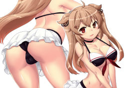 Rule 34 | 1girl, ass, bikini, bikini skirt, black bikini, breasts, brown eyes, choker, cleavage, collarbone, commentary request, gradient hair, hase yu, kantai collection, large breasts, leaning forward, light brown hair, long hair, looking at viewer, multicolored hair, multiple views, murasame (kancolle), simple background, skirt, swimsuit, two side up, white background, white skirt