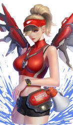 Rule 34 | 1girl, absurdres, black shorts, blonde hair, blue eyes, closed mouth, earrings, english text, eruthu, hat, high ponytail, highres, jewelry, lifeguard, lifeguard mercy, lipstick, makeup, mercy (overwatch), midriff, official alternate costume, overwatch, overwatch 2, ponytail, red hat, red wings, short shorts, shorts, simple background, solo, standing, upper body, watch, water, whistle, whistle around neck, white background, wings, wristwatch