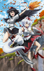 Rule 34 | 2girls, :d, animal ears, arm up, autumn, autumn leaves, bare shoulders, black hair, black ribbon, black skirt, black wings, blue sky, breasts, brown hair, cliff, closed mouth, cloud, collar, commentary request, day, detached sleeves, feather fan, feathered wings, flying, frilled skirt, frills, full body, geta, hair between eyes, hand fan, hat, holding, holding fan, holding shield, holding sword, holding weapon, inubashiri momiji, leaf, leaf fan, long sleeves, looking at viewer, lunamoon, maple leaf, medium breasts, medium skirt, miniskirt, multiple girls, neck ribbon, open mouth, outdoors, outstretched arms, petticoat, pointy ears, pom pom (clothes), puffy short sleeves, puffy sleeves, red eyes, red footwear, red headwear, ribbon, shameimaru aya, shield, shirt, short hair, short sleeves, silver hair, skirt, sky, smile, socks, sword, tail, tassel, tengu-geta, thighs, tokin hat, touhou, two-tone skirt, water, waterfall, weapon, white legwear, white shirt, wide sleeves, wings, wolf ears, wolf girl, wolf tail