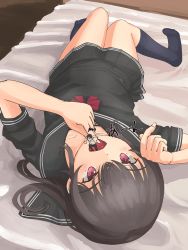 Rule 34 | 1boy, 1girl, black hair, black skirt, helpless, lying, mini person, miniboy, on back, on bed, open mouth, original, parins, pink eyes, pleated skirt, school uniform, size difference, skirt, smile, socks, soft vore, vore