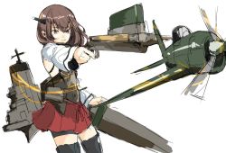 Rule 34 | 10s, 1girl, aiming, aircraft, airplane, armor, bike shorts, black thighhighs, blush, bow (weapon), brown eyes, brown hair, closed mouth, commentary request, cowboy shot, crossbow, eyebrows, hair between eyes, headband, headgear, kantai collection, long sleeves, machinery, miniskirt, pleated skirt, propeller, rigging, rureizi, short hair, simple background, skirt, solo, taihou (kancolle), thighhighs, weapon, white background