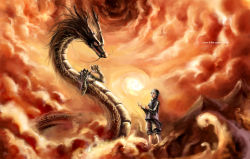 Rule 34 | 1boy, cloud, commentary, dothaithanh, dragon, eastern dragon, energy ball, highres, horns, magic, male focus, orange sky, original, sky, solo