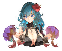 Rule 34 | 1girl, blue eyes, blue hair, breasts, byleth (female) (fire emblem), byleth (fire emblem), cleavage, commentary, cropped torso, english commentary, fire emblem, fire emblem: three houses, fire emblem heroes, flower, hair flower, hair ornament, hibiscus, holding, jimbobox, large breasts, long hair, looking at viewer, nintendo, parted lips, red flower, simple background, smile, solo, tassel, upper body, white background