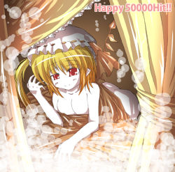 Rule 34 | 1girl, aged up, alternate breast size, ass, blonde hair, breasts, completely nude, female focus, flandre scarlet, hat, milestone celebration, mob cap, nude, pointy ears, red eyes, solo, touhou