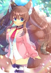 Rule 34 | 1girl, animal ear fluff, animal ears, black bow, blue eyes, blurry, blurry background, blush, bow, breasts, brown hair, cardigan, closed mouth, collarbone, depth of field, fox ears, fox girl, fox tail, hair between eyes, hand up, hood, hood down, hooded cardigan, kitsune, kou hiyoyo, kyuubi, long hair, long sleeves, medium breasts, multiple tails, necktie, open cardigan, open clothes, original, pink cardigan, plushmallow, red necktie, shirt, sleeves past wrists, smile, solo, striped clothes, striped thighhighs, tail, thighhighs, twintails, very long hair, white shirt