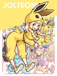 Rule 34 | 6+girls, :d, :o, blonde hair, blunt bangs, blush, braid, commentary request, cosplay, creatures (company), eevee, eevee (cosplay), espeon, espeon (cosplay), eyelashes, flareon, flareon (cosplay), game freak, gen 1 pokemon, gen 2 pokemon, gen 4 pokemon, gen 6 pokemon, glaceon, glaceon (cosplay), green eyes, hands up, highres, index fingers raised, jolteon, jolteon (cosplay), kinocopro, leafeon, leafeon (cosplay), lillie (pokemon), long hair, looking at viewer, multiple girls, multiple persona, nintendo, onesie, open mouth, outline, own hands together, pokemon, pokemon ears, pokemon sm, pokemon tail, shoes, smile, sylveon, sylveon (cosplay), tail, twin braids, twitter username, umbreon, umbreon (cosplay), vaporeon, vaporeon (cosplay), z-move trainer pose